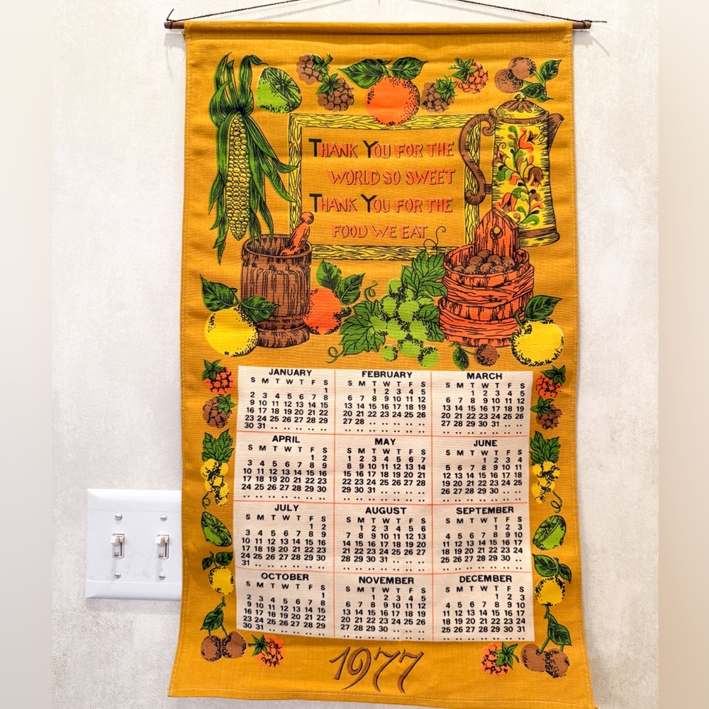Vintage 1977 Tea Towel Calendar Retro Wall Hanging